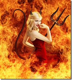 Sexy young woman as devil in fire